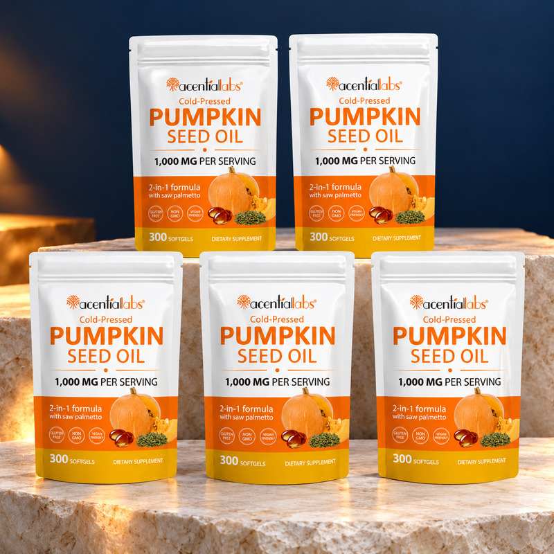 Five white-label pumpkin seed oil pouches