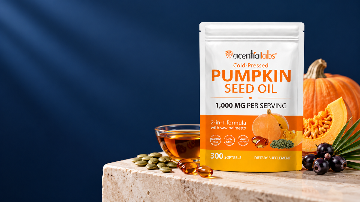 White-label pumpkin seed oil pouch with pumpkin seeds and saw palmetto